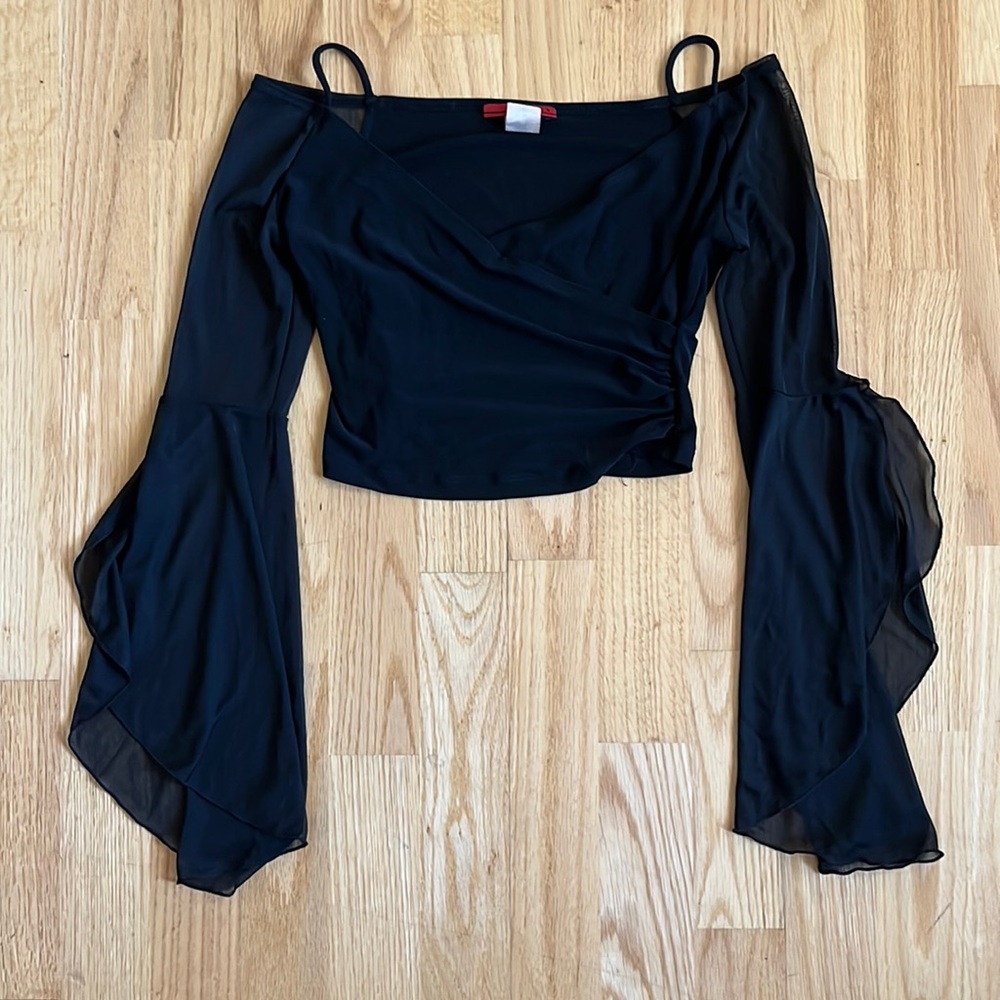 VINTAGE 90s Stretchy Crop Top with Witchy Tulip Bell Sleeves, XS/S